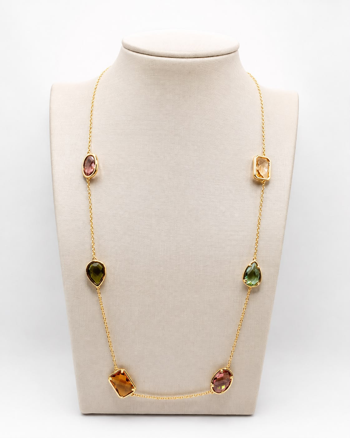 Colar cristal rodolita-peridoto-citrino longo formas ouro amarelo