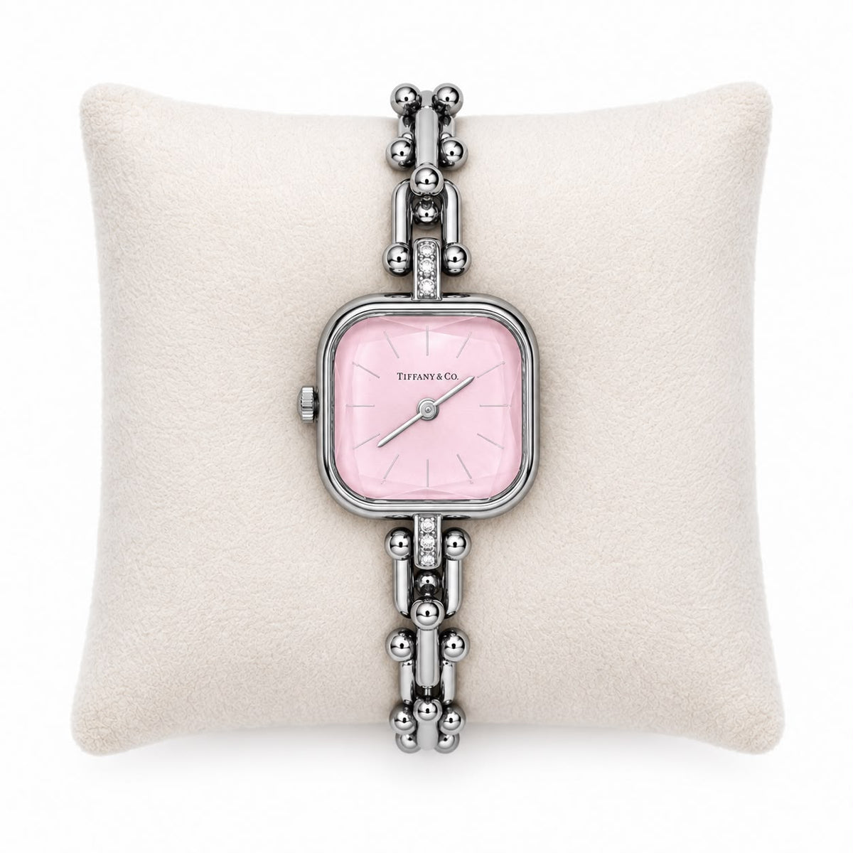 Relogio Inspiração Tiffany&Co ouro branco fundo rosa