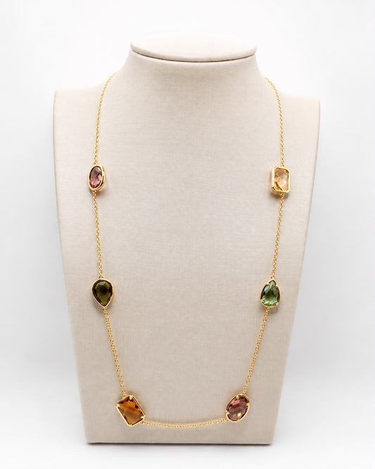 Colar cristal rodolita-peridoto-citrino longo formas ouro amarelo