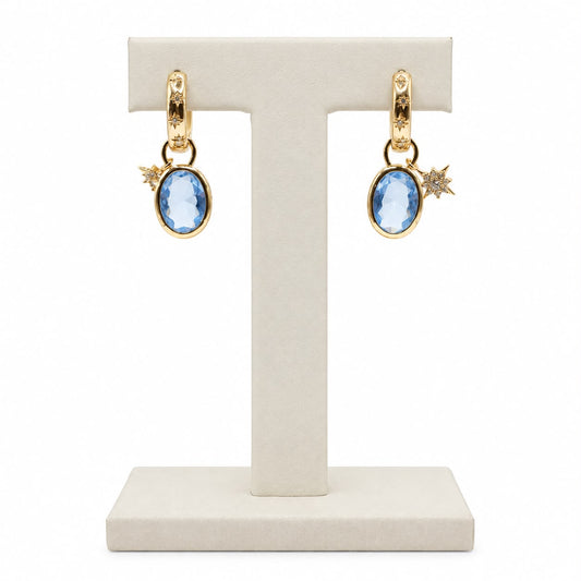 Brinco cristal london blue zirc. branca oval e argola estrelada